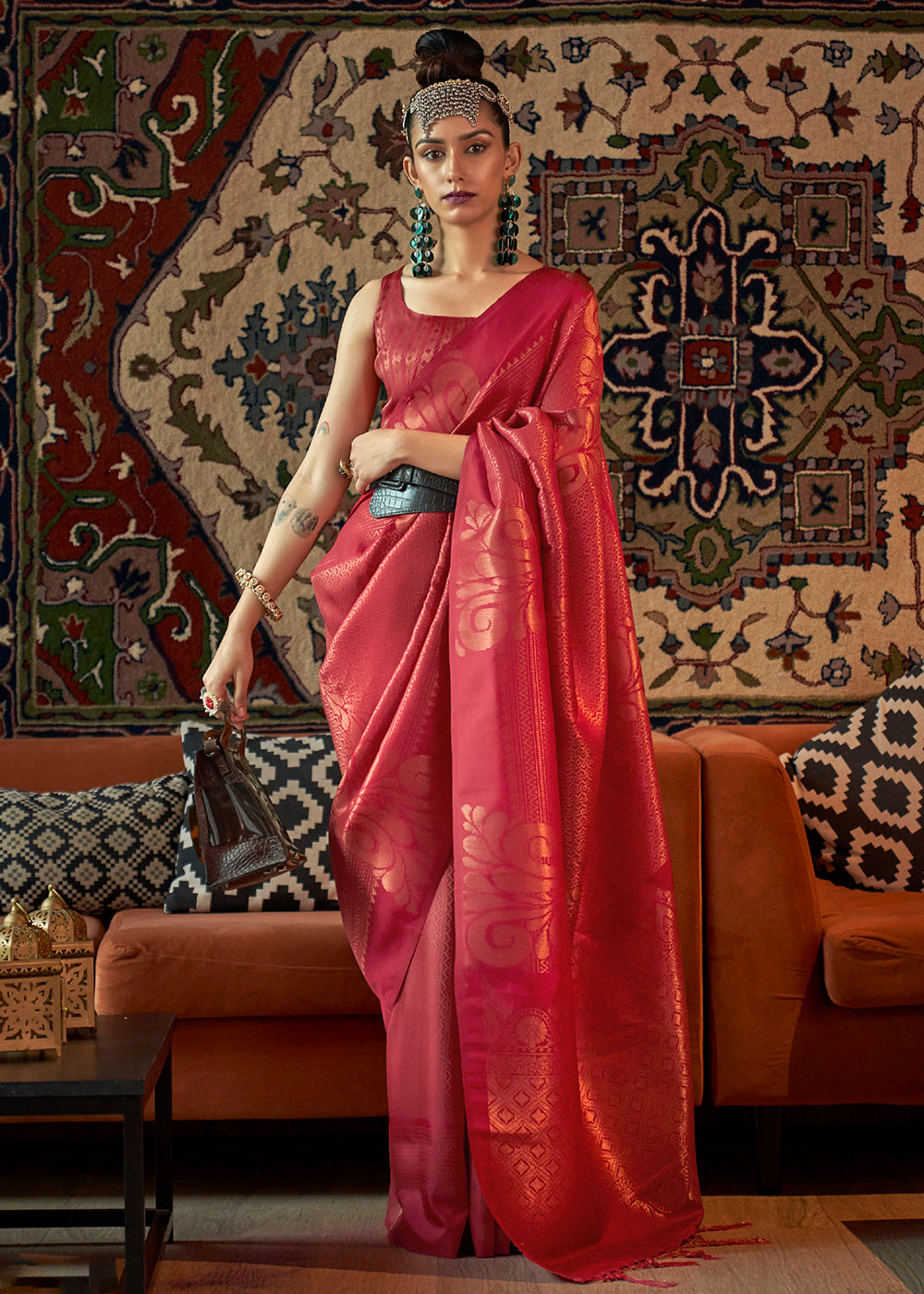 Buy Now Pinkish Red Blended Woven Zari Brocade Silk Saree Online in USA, UK, Canada & Worldwide at Empress Clothing. 