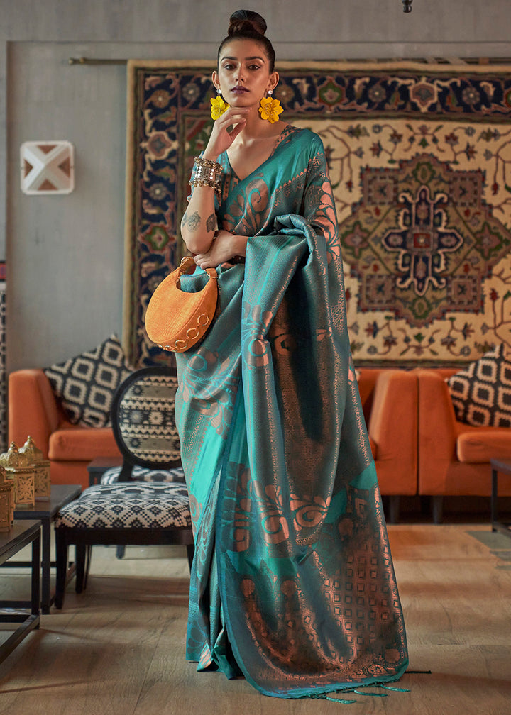 Buy Now Firozi Blue Blended Woven Zari Brocade Silk Saree Online in USA, UK, Canada & Worldwide at Empress Clothing. 