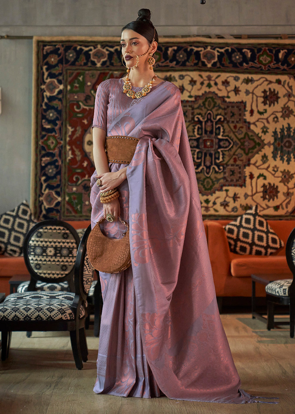 Buy Now Greyish Lilac Blended Woven Zari Brocade Silk Saree Online in USA, UK, Canada & Worldwide at Empress Clothing.