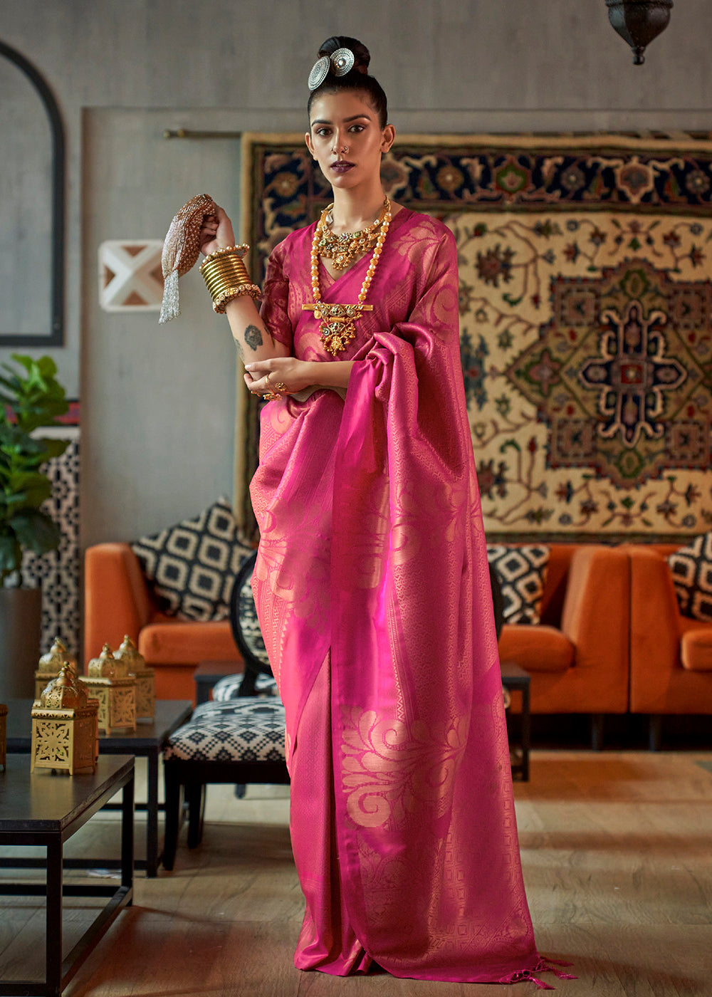 Buy Now Pretty Pink Blended Woven Zari Brocade Silk Saree Online in USA, UK, Canada & Worldwide at Empress Clothing.