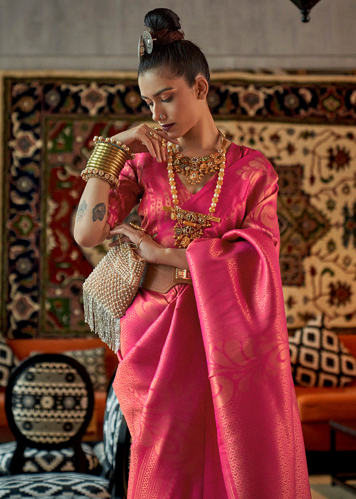 Buy Now Pretty Pink Blended Woven Zari Brocade Silk Saree Online in USA, UK, Canada & Worldwide at Empress Clothing.