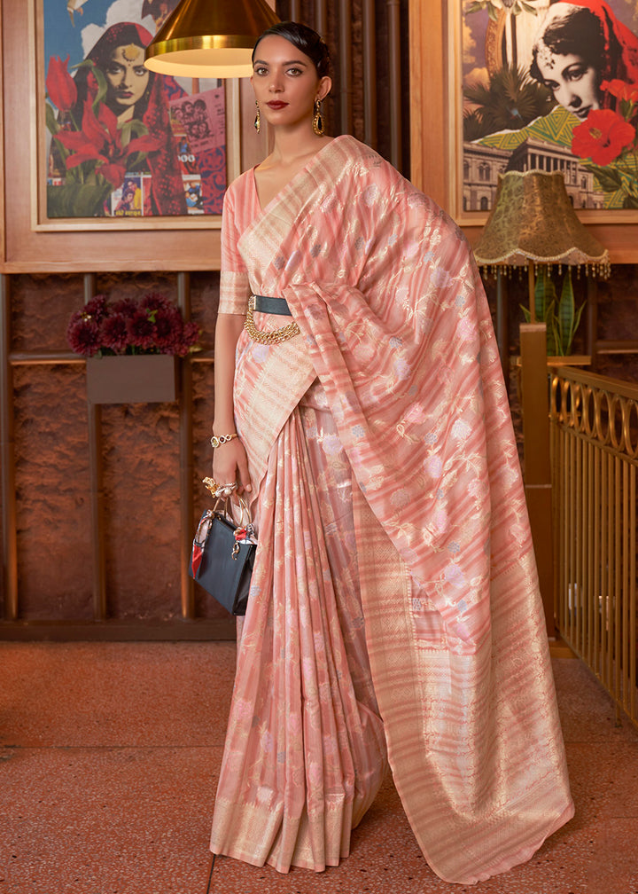 Buy Now Radiant Peach Linen Fabric Party Wear Weaving Saree Online in USA, UK, Canada & Worldwide at Empress Clothing.