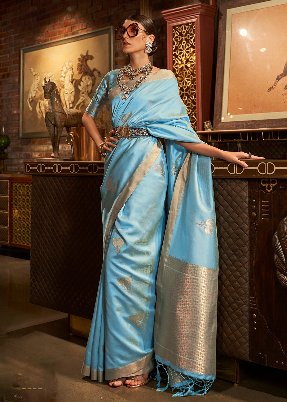 Buy Now Aqua Blue Handloom Silk Weaving Contemporary Saree Online in USA, UK, Canada & Worldwide at Empress Clothing.