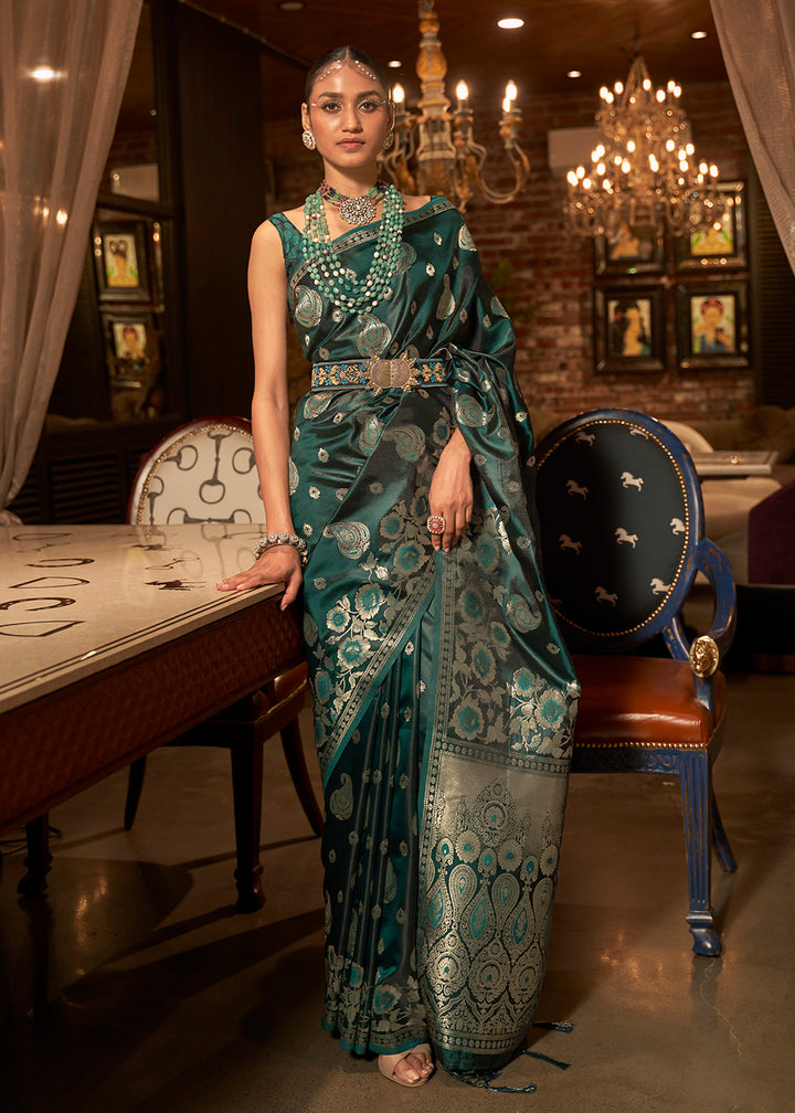 Buy Now Mineral Green Fascinating Zari Weaving Banarasi Silk Saree Online in USA, UK, Canada & Worldwide at Empress Clothing.