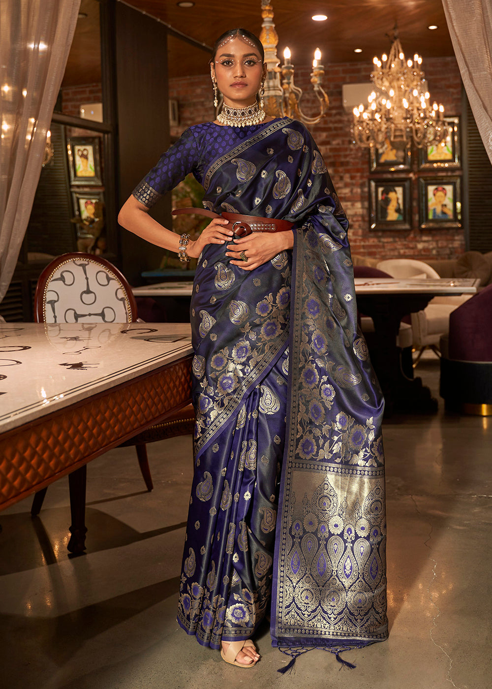 Buy Now Mulled Wine Blue Fascinating Zari Weaving Banarasi Silk Saree Online in USA, UK, Canada & Worldwide at Empress Clothing.
