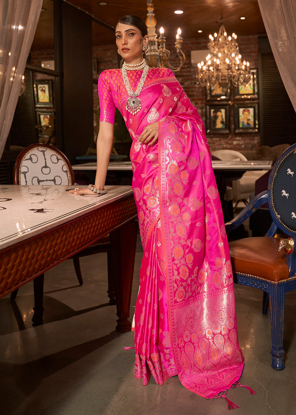 Buy Now Wild Strawberry Pink Fascinating Zari Weaving Banarasi Silk Saree Online in USA, UK, Canada & Worldwide at Empress Clothing.