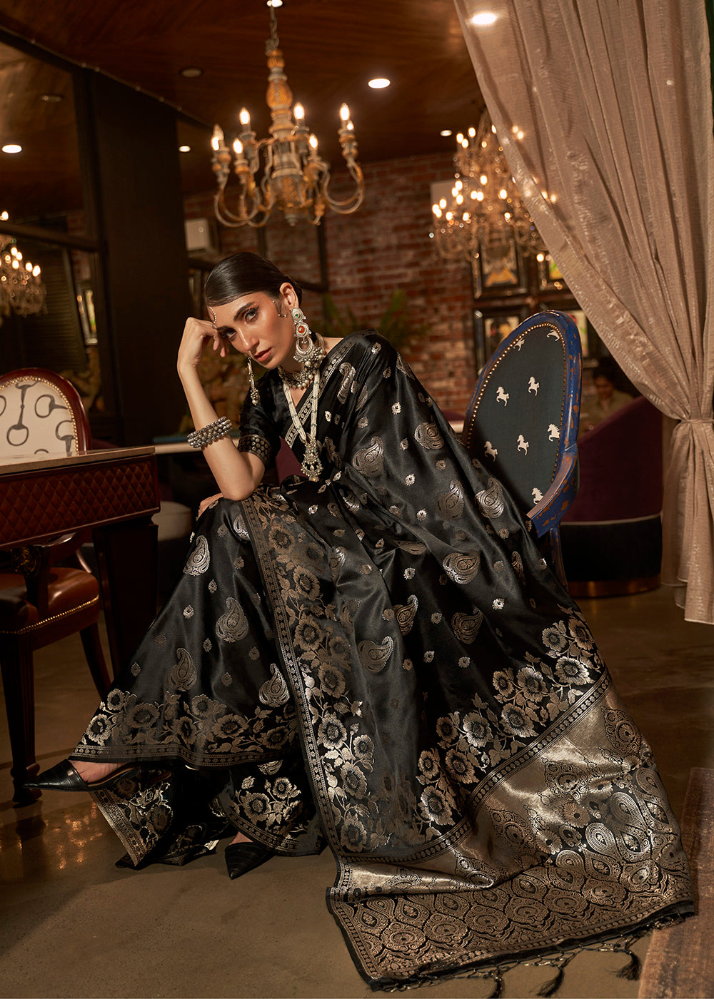 Buy Now Desire Black Fascinating Zari Weaving Banarasi Silk Saree Online in USA, UK, Canada & Worldwide at Empress Clothing. 