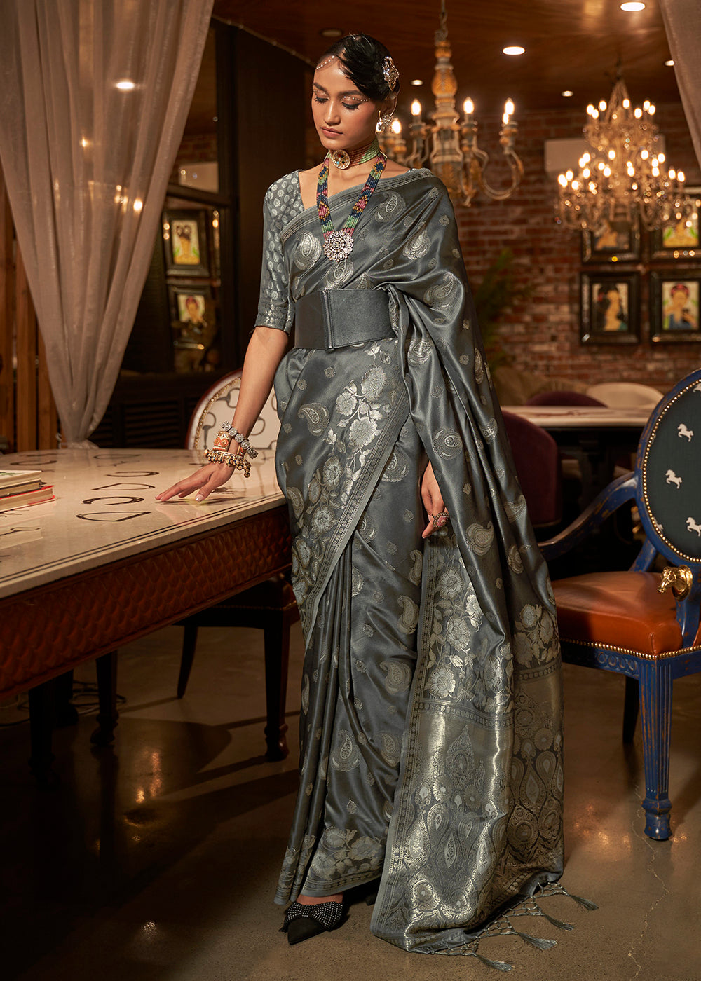 Buy Now Flint Dusky Grey Fascinating Zari Weaving Banarasi Silk Saree Online in USA, UK, Canada & Worldwide at Empress Clothing.