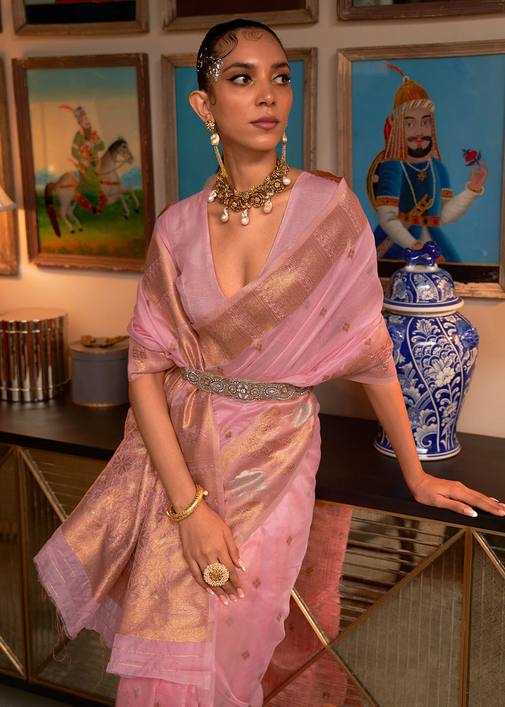 Buy Now Crystal Pink Blended Woven Zari Organza Silk Saree Online in USA, UK, Canada & Worldwide at Empress Clothing.