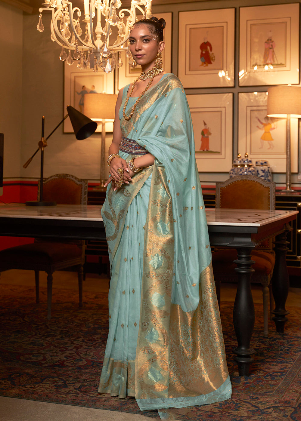 Buy Now Morning Blue Blended Woven Zari Organza Silk Saree Online in USA, UK, Canada & Worldwide at Empress Clothing. 