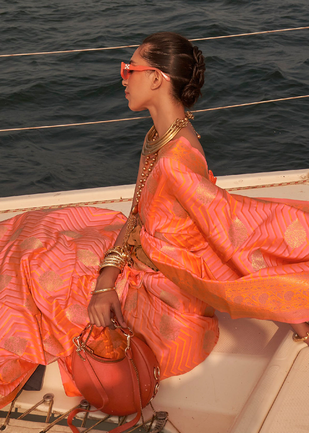 Buy Now Fabulous Pink-Orange Pure Satin Silk Two Tone Weaving Saree Online in USA, UK, Canada & Worldwide at Empress Clothing.