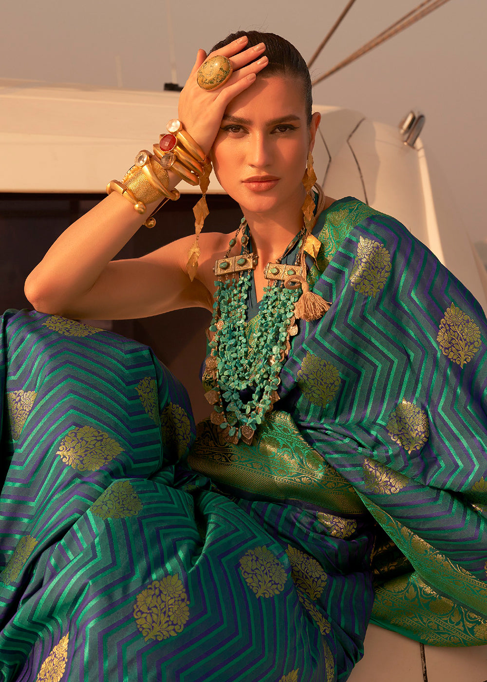 Buy Now Enchanting Blue-Green Pure Satin Silk Two Tone Weaving Saree Online in USA, UK, Canada & Worldwide at Empress Clothing. 