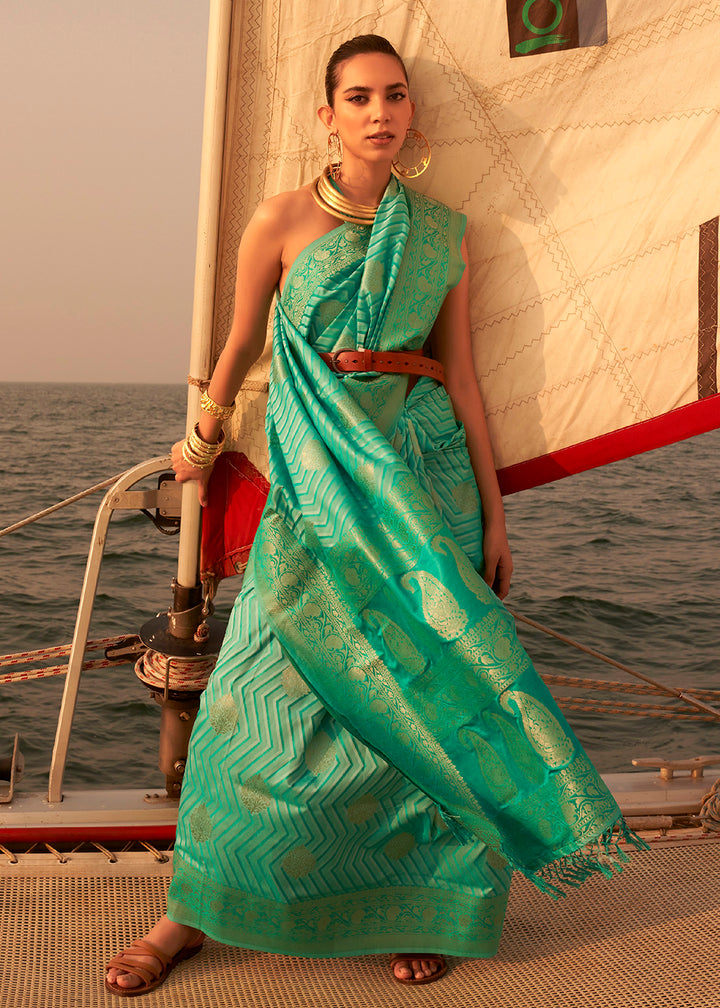 Buy Now Captivating Sea-Green Pure Satin Silk Two Tone Weaving Saree Online in USA, UK, Canada & Worldwide at Empress Clothing.