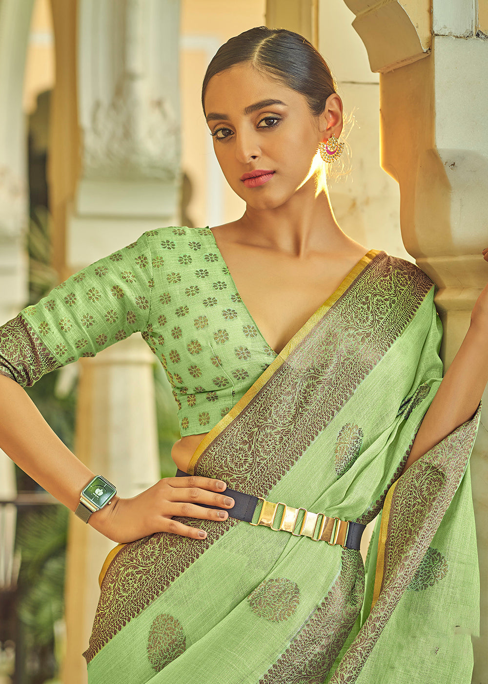 Buy Weaving Saree with Belt - Marvelous Lime Green Soft Linen