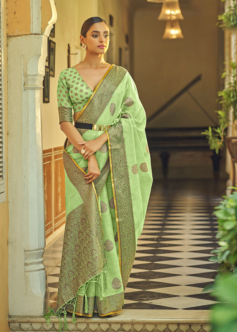 Buy Now Marvelous Lime Green Soft Linen Weaving Saree with Belt Online in USA, UK, Canada & Worldwide at Empress Clothing