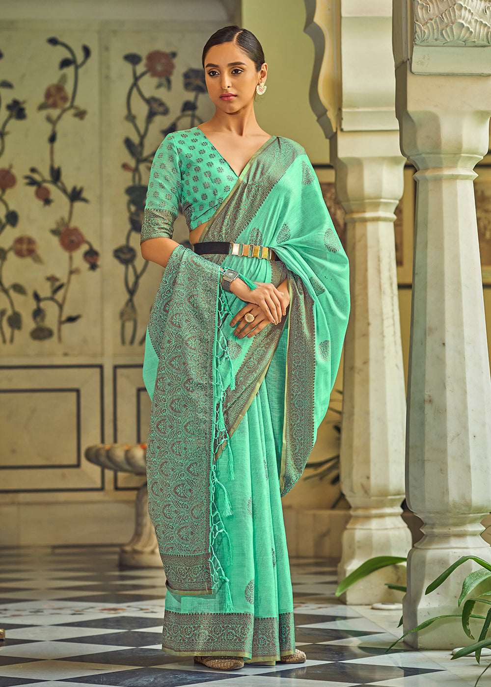 Buy Now Incredible Marine Green Soft Linen Weaving Saree with Belt Online in USA, UK, Canada & Worldwide at Empress Clothing. 