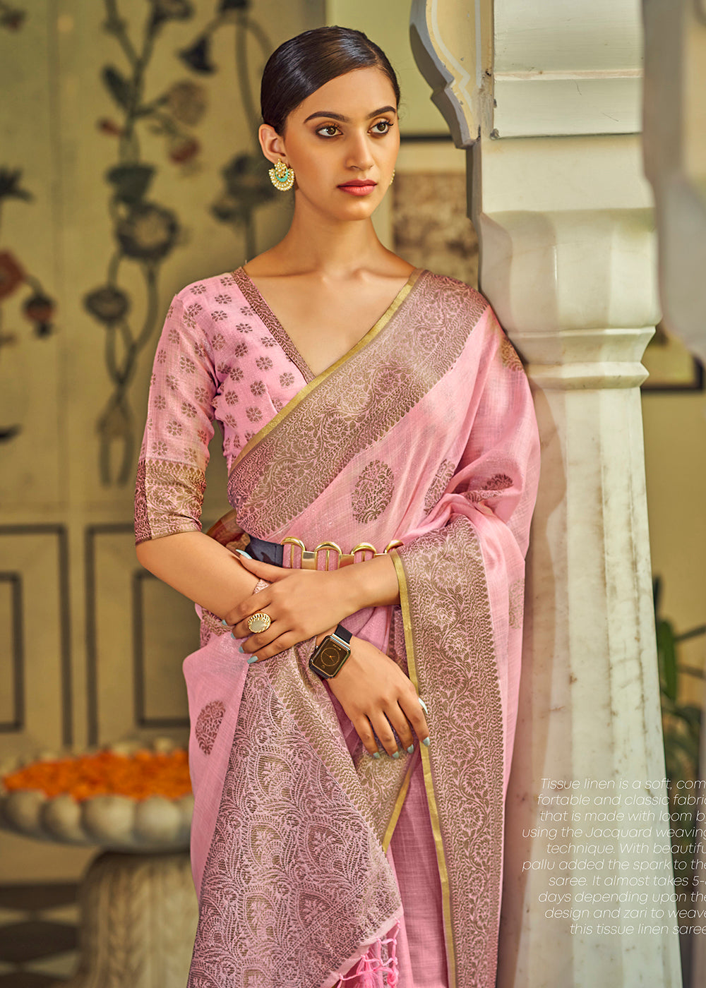 Buy Now Glamorous Flamingo Pink Soft Linen Weaving Saree with Belt Online in USA, UK, Canada & Worldwide at Empress Clothing