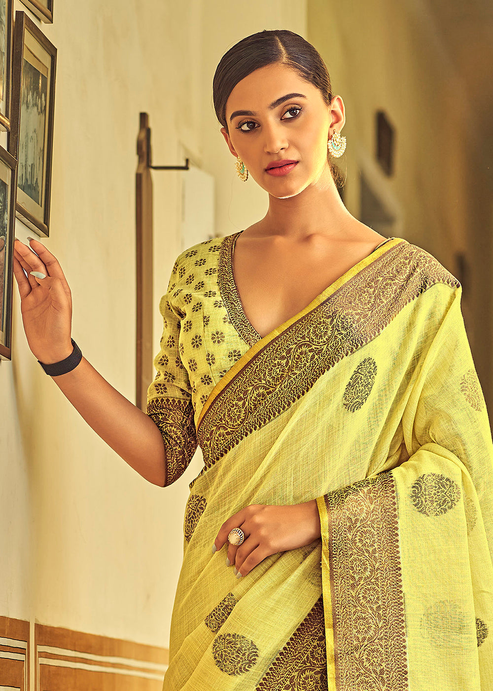 Buy Now Gorgeous Yellow Soft Linen Weaving Saree with Belt Online in USA, UK, Canada & Worldwide at Empress Clothing.