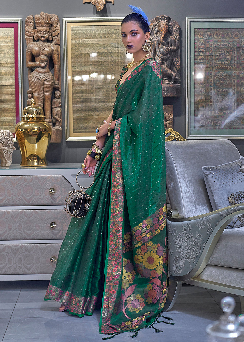 Buy Designer Saree - Bottle Green Crepe Stone Embroidered Saree – Empress  Clothing