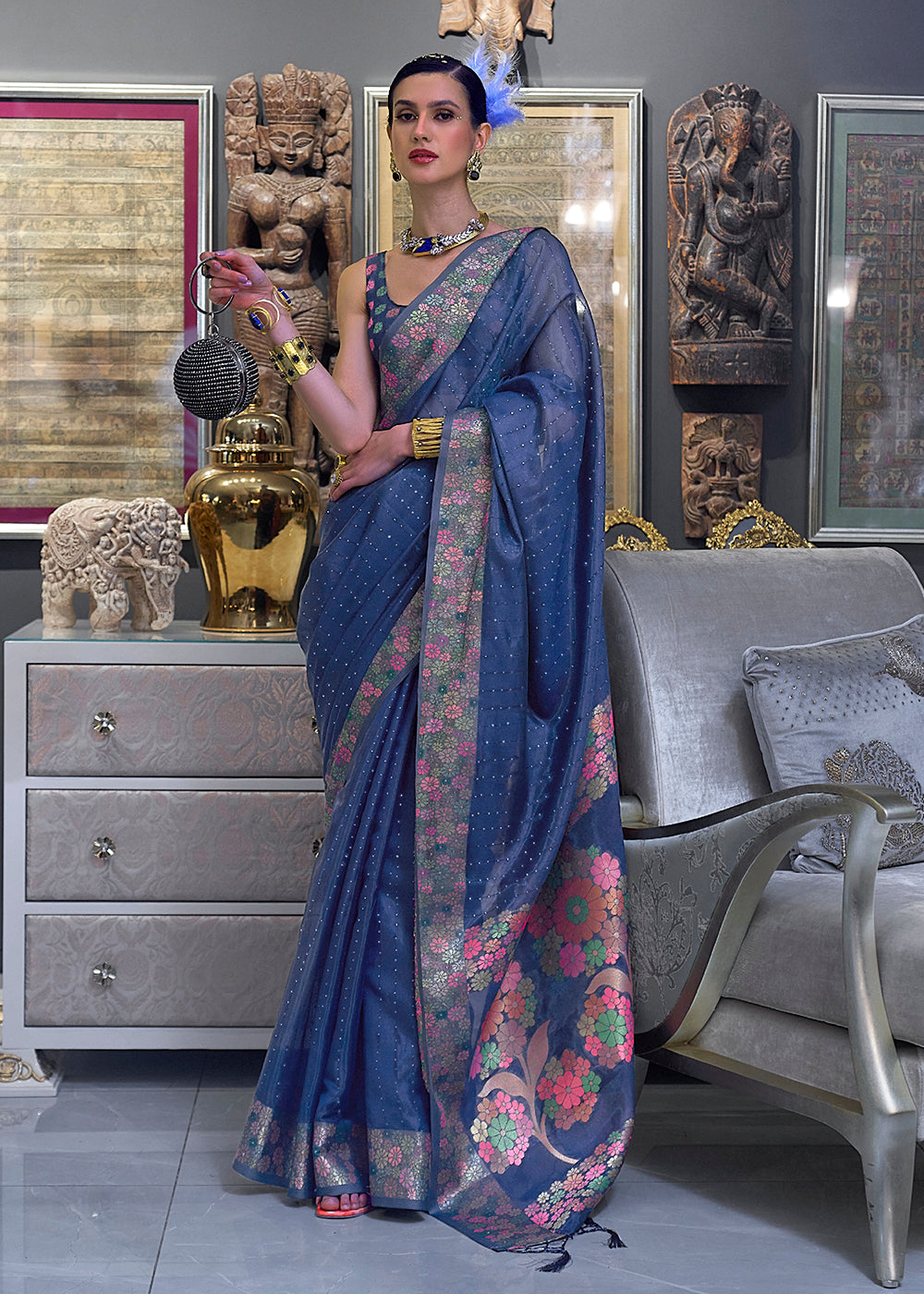Buy Now Festive Look Spunky Blue Dual Tone Organza Silk Saree Online in USA, UK, Canada & Worldwide at Empress Clothing.