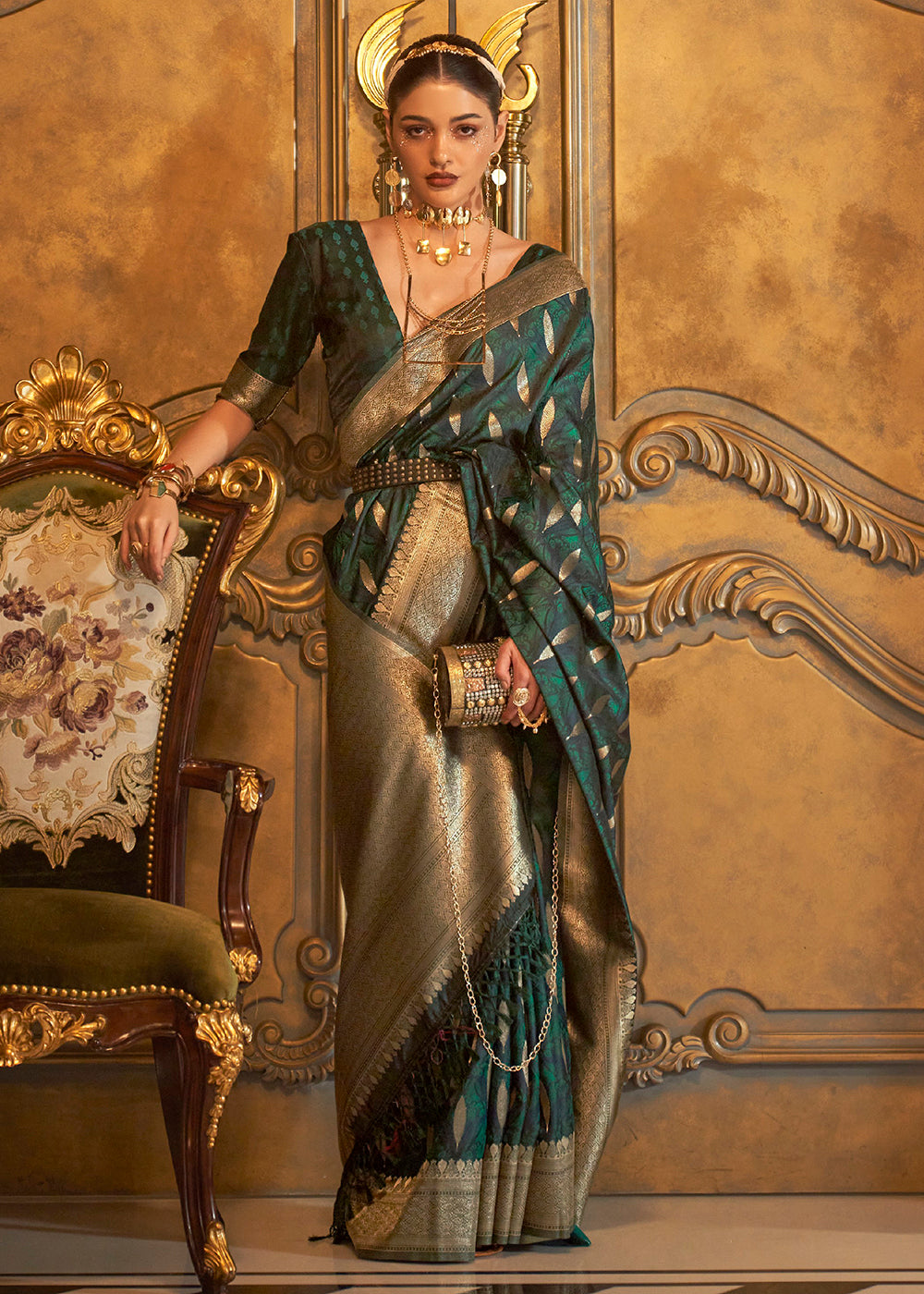 Buy Now Bollywood Style Exquisite Bottle-Green Pure Satin Silk Saree Online in USA, UK, Canada & Worldwide at Empress Clothing.