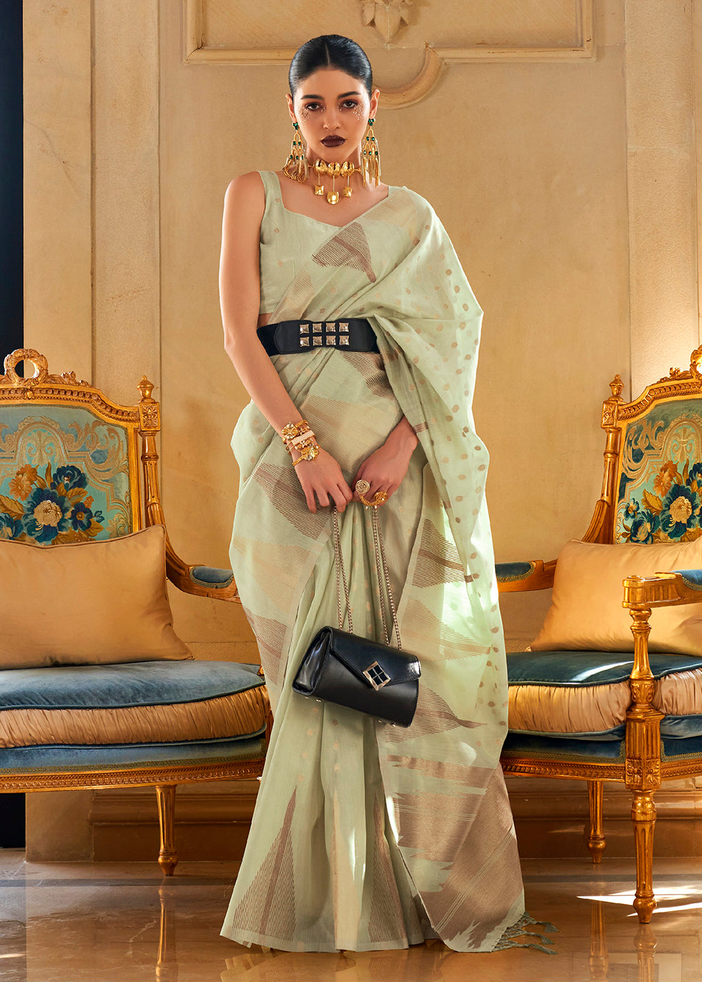 Buy Now Pretty Sea-Green Tissue Zari Weaving Bollywood Saree Online in USA, UK, Canada & Worldwide at Empress Clothing.