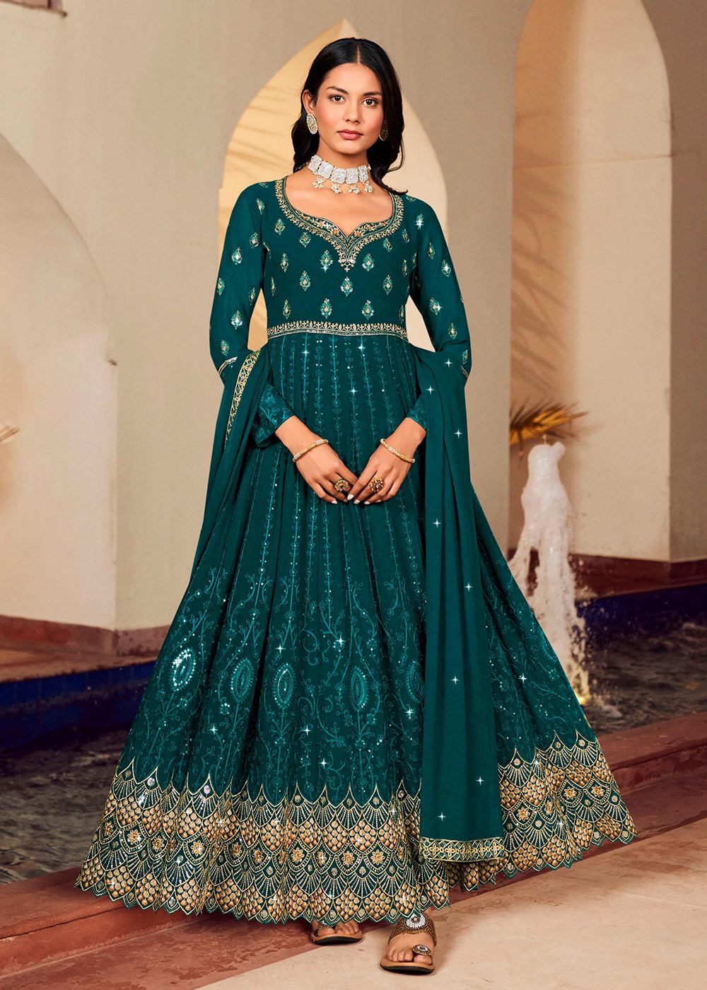 Buy Now Floor Length Classic Teal Wedding Wear Anarkali Suit Online in USA, UK, Australia, New Zealand, Canada, Italy & Worldwide at Empress Clothing.
