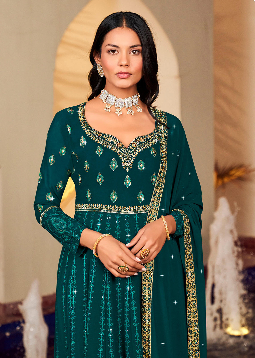Buy Now Floor Length Classic Teal Wedding Wear Anarkali Suit Online in USA, UK, Australia, New Zealand, Canada, Italy & Worldwide at Empress Clothing.