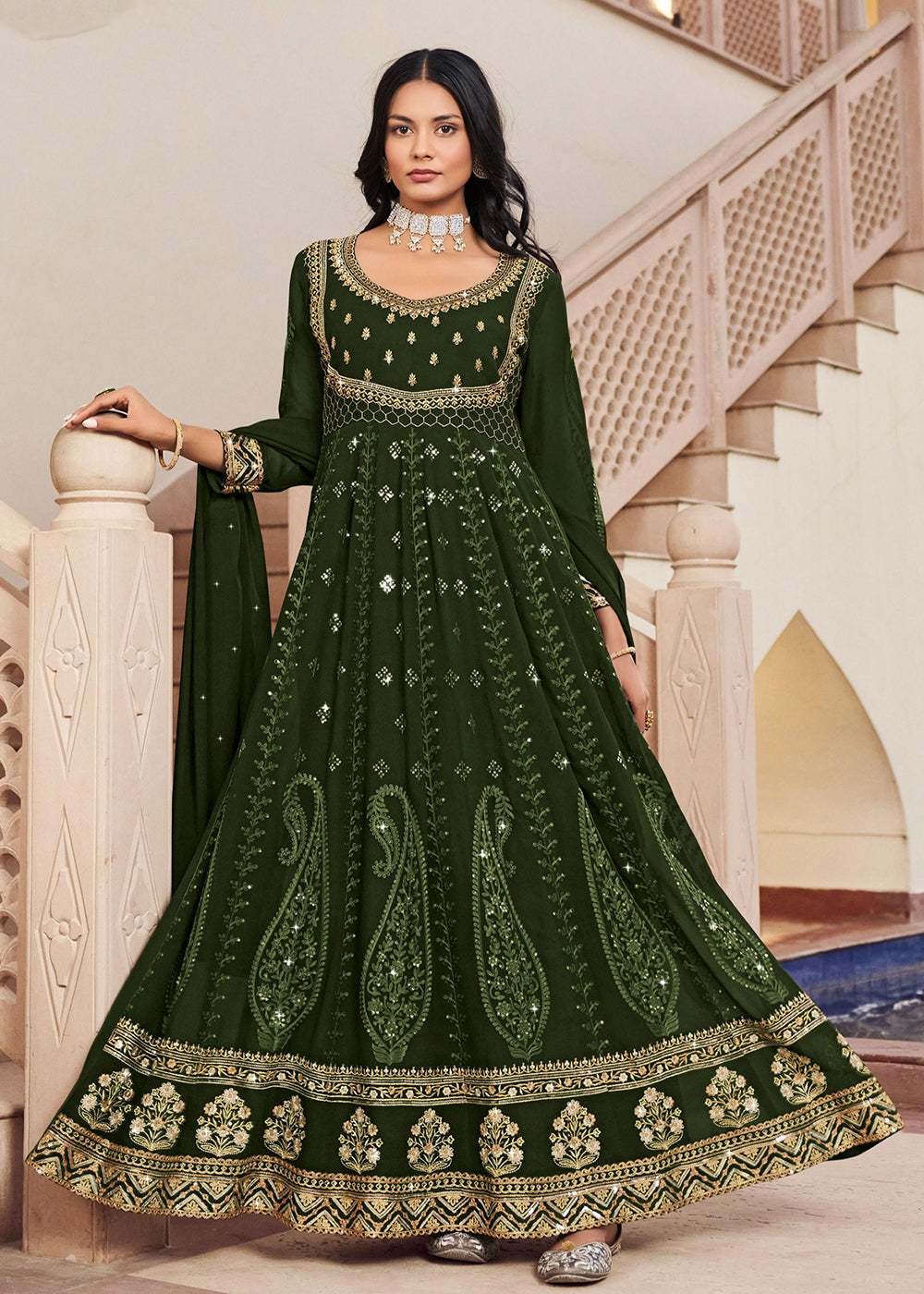 Buy Now Floor Length Engaging Green Wedding Wear Anarkali Suit Online in USA, UK, Australia, New Zealand, Canada, Italy & Worldwide at Empress Clothing.
