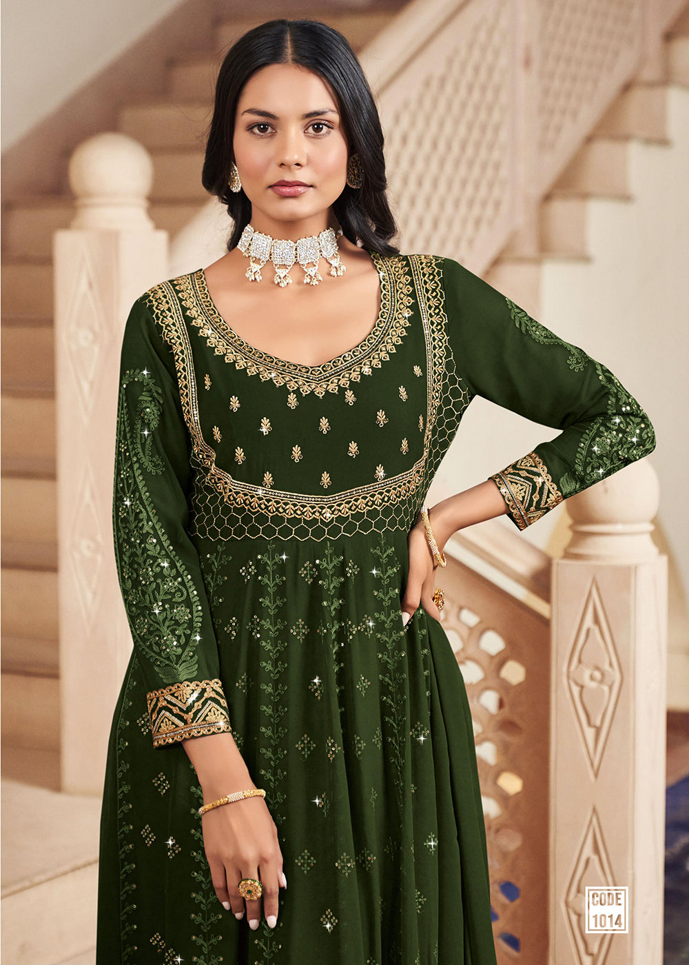 Buy Now Floor Length Engaging Green Wedding Wear Anarkali Suit Online in USA, UK, Australia, New Zealand, Canada, Italy & Worldwide at Empress Clothing.