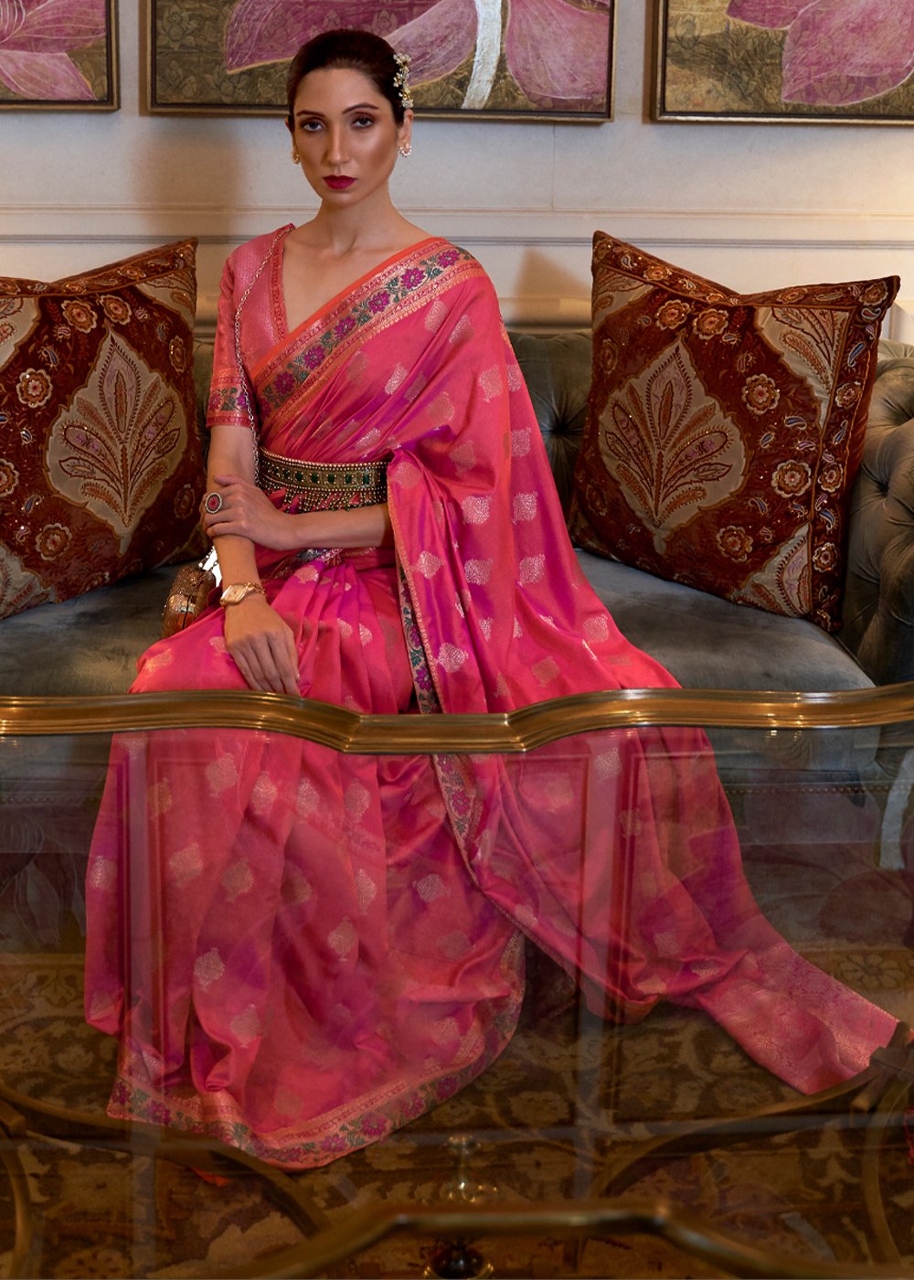 Raspberry Pink Banarasi Silk Authentic Indian Saree