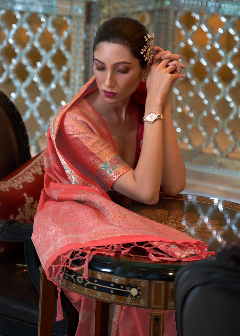 Buy Coral Pink Banarasi Silk Saree - Authentic Indian Saree
