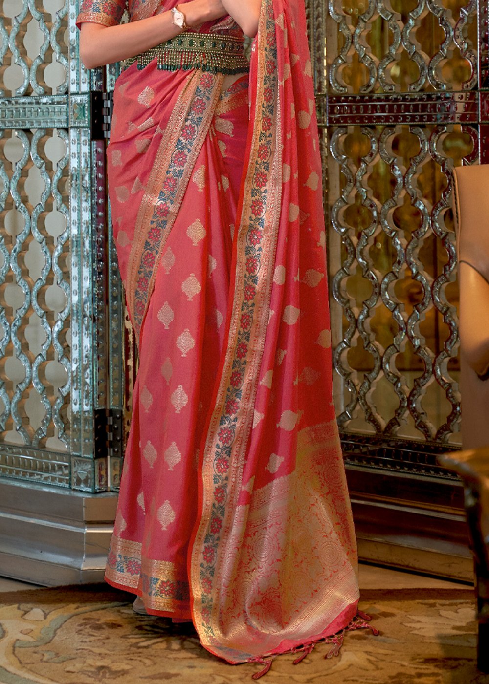 Peach Pink Art Silk Saree Sari Fabric India Golden Border