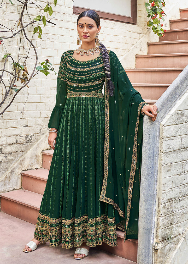 Buy Now Exquisite Green Georgette Fabric Wedding Wear Anarkali Suit Online in USA, UK, Australia, New Zealand, Canada & Worldwide at Empress Clothing.