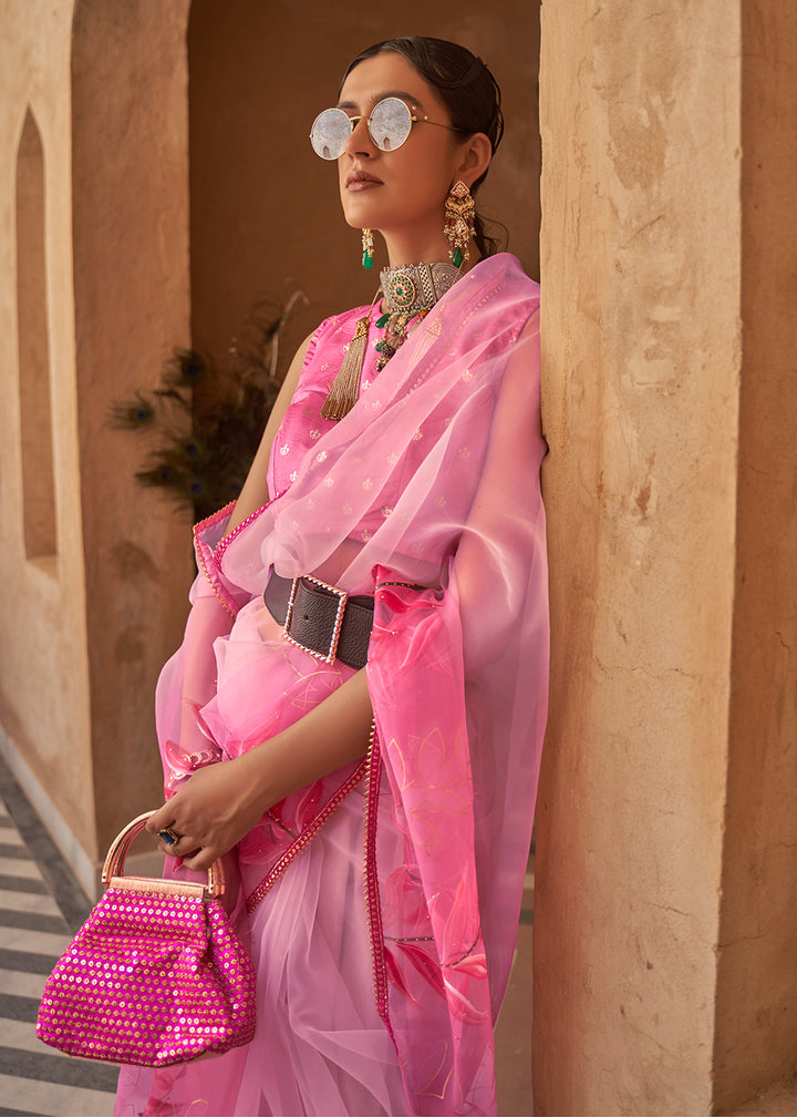 Buy Now Pink Organza Net Printed Embroidered Classic Indian Saree Online in USA, UK, Canada & Worldwide at Empress Clothing.
