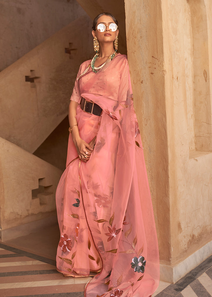 Buy Now Light Peach Organza Net Printed Embroidered Classic Indian Saree Online in USA, UK, Canada & Worldwide at Empress Clothing.