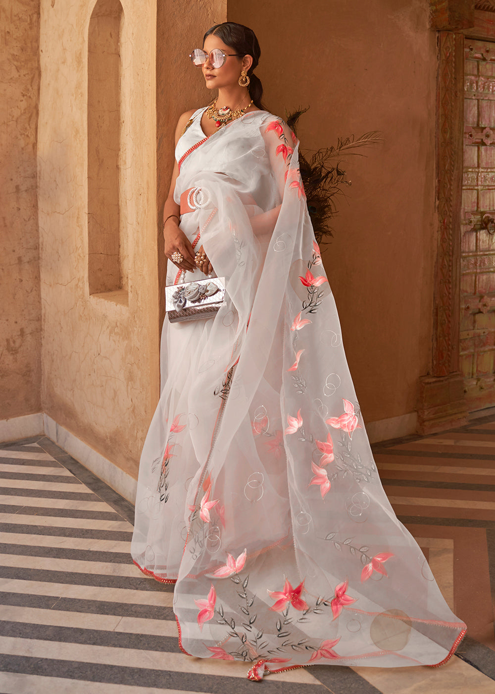 Buy Now White Organza Net Printed Embroidered Classic Indian Saree Online in USA, UK, Canada & Worldwide at Empress Clothing. 