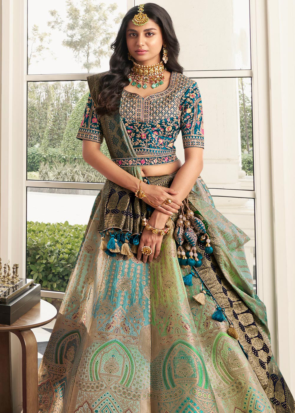 Buy Now Aqua Blue & Mint Green Heavy Embroidered Silk Bridal Lehenga Choli Online in USA, UK, Canada & Worldwide at Empress Clothing. 