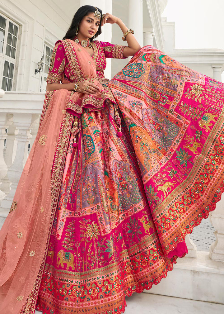 Buy Now Multicolor Peach Heavy Embroidered Silk Bridal Lehenga Choli Online in USA, UK, Canada & Worldwide at Empress Clothing.