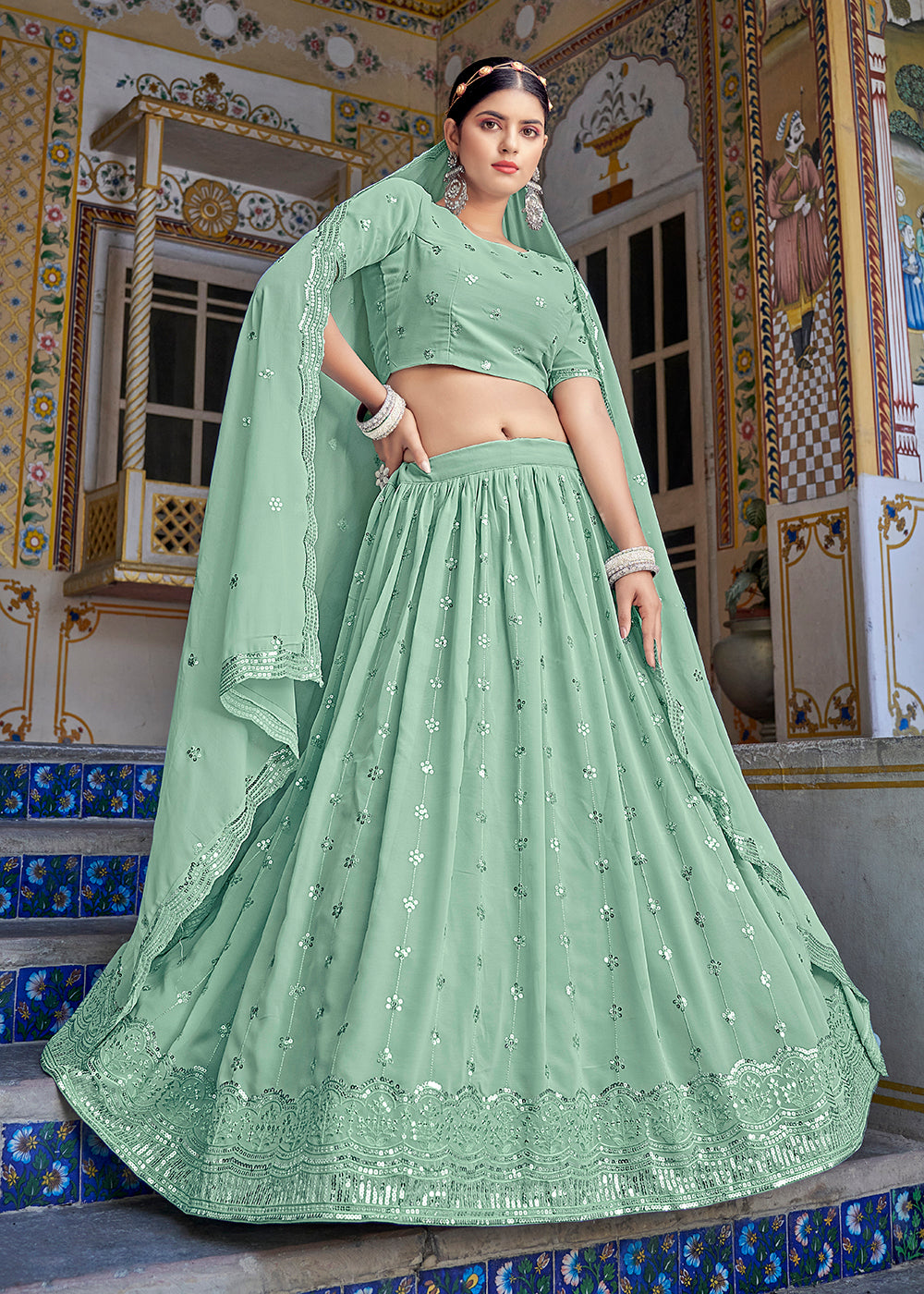 Buy Now A Line Green Trendy Sequins Embroidered Wedding Lehenga Choli Online in USA, UK, Canada & Worldwide at Empress Clothing.