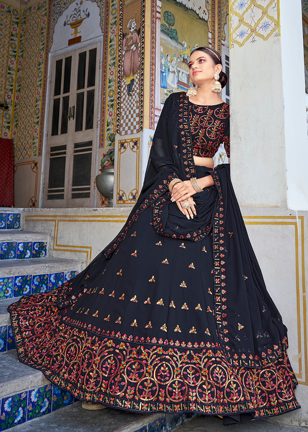Buy Now A Line Navy Blue Trendy Sequins Embroidered Wedding Lehenga Choli Online in USA, UK, Canada & Worldwide at Empress Clothing.