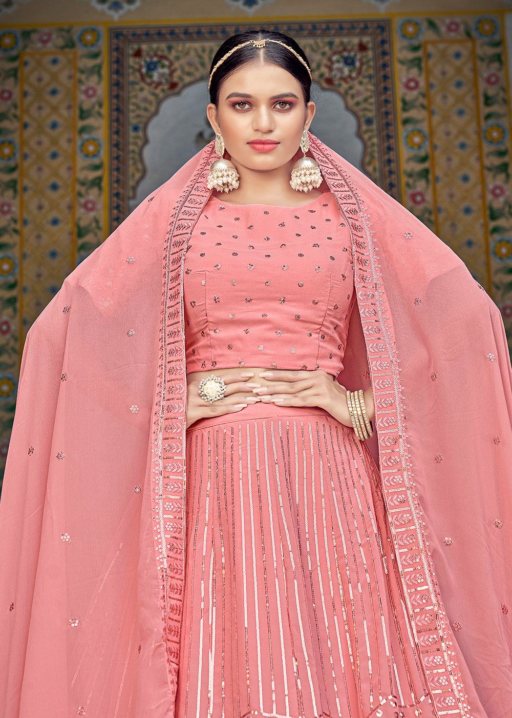 Buy Now A Line Pink Trendy Sequins Embroidered Wedding Lehenga Choli Online in USA, UK, Canada & Worldwide at Empress Clothing. 