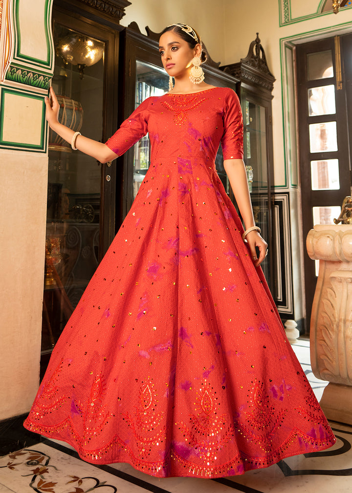Buy Now Orange Shibori Print Embroidered Floor Length Cotton Gown Online in USA, UK, Australia, New Zealand, Canada & Worldwide at Empress Clothing.