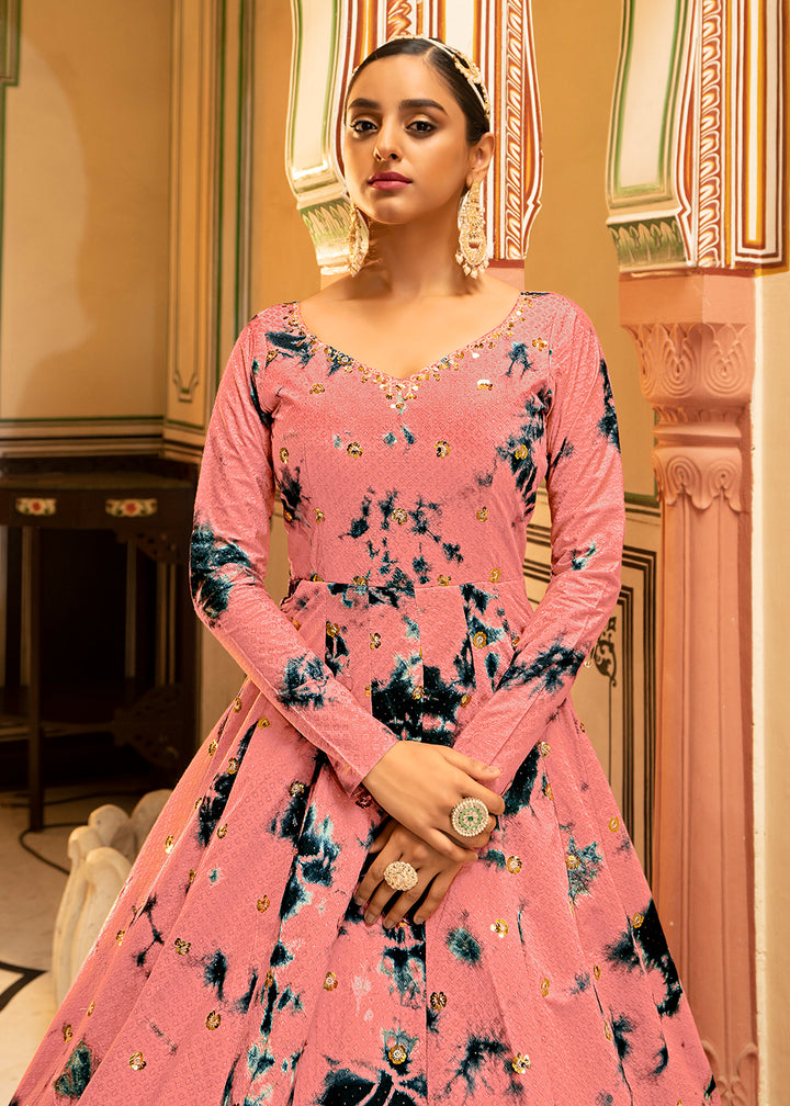 Buy Now Peach Shibori Print Embroidered Floor Length Cotton Gown Online in USA, UK, Australia, New Zealand, Canada & Worldwide at Empress Clothing.
