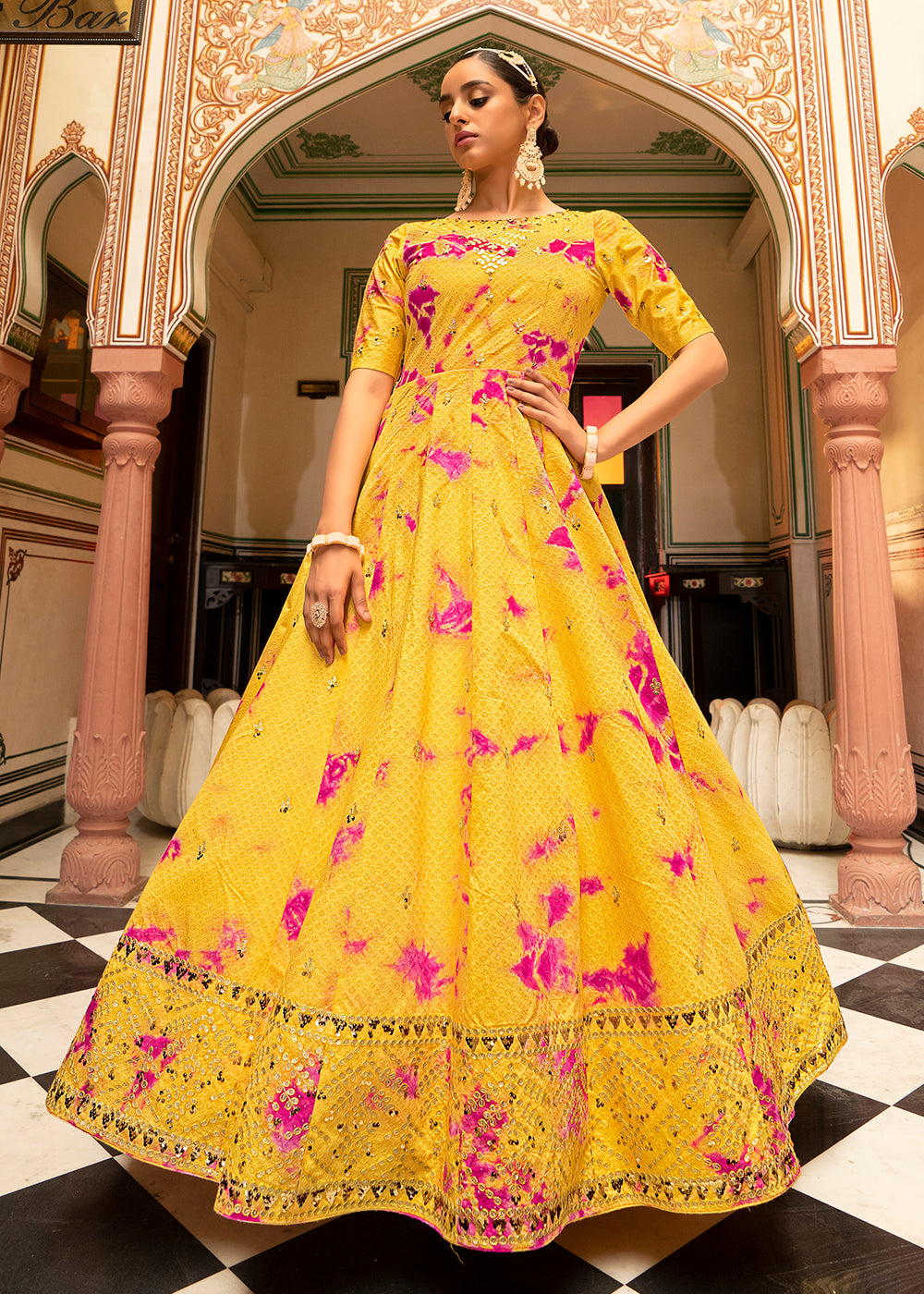 Buy Now Yellow Shibori Print Embroidered Floor Length Cotton Gown Online in USA, UK, Australia, New Zealand, Canada & Worldwide at Empress Clothing. 
