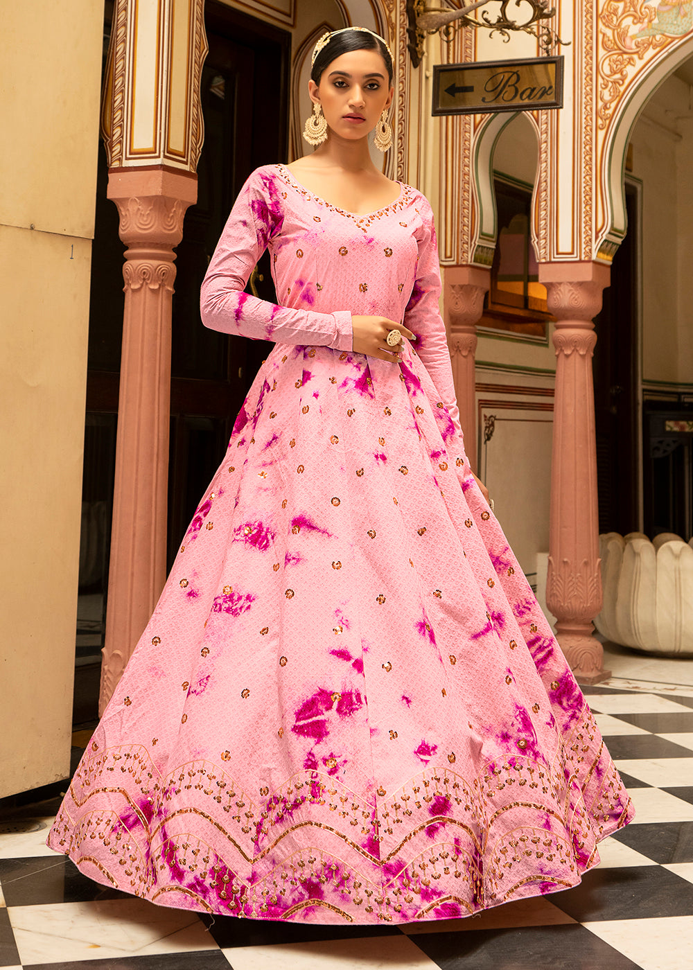 Buy Now Pink Shibori Print Embroidered Floor Length Cotton Gown Online in USA, UK, Australia, New Zealand, Canada & Worldwide at Empress Clothing. 