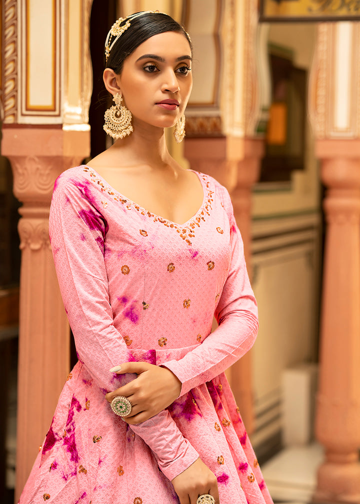Buy Now Pink Shibori Print Embroidered Floor Length Cotton Gown Online in USA, UK, Australia, New Zealand, Canada & Worldwide at Empress Clothing. 