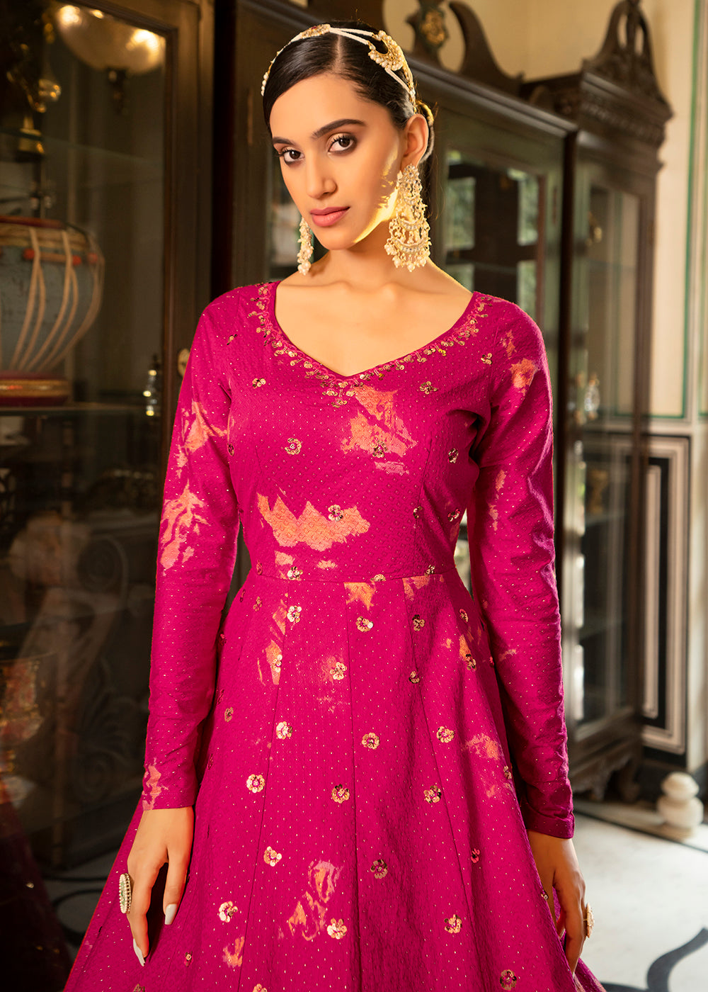 Buy Now Rani Pink Shibori Print Embroidered Floor Length Cotton Gown Online in USA, UK, Australia, New Zealand, Canada & Worldwide at Empress Clothing.