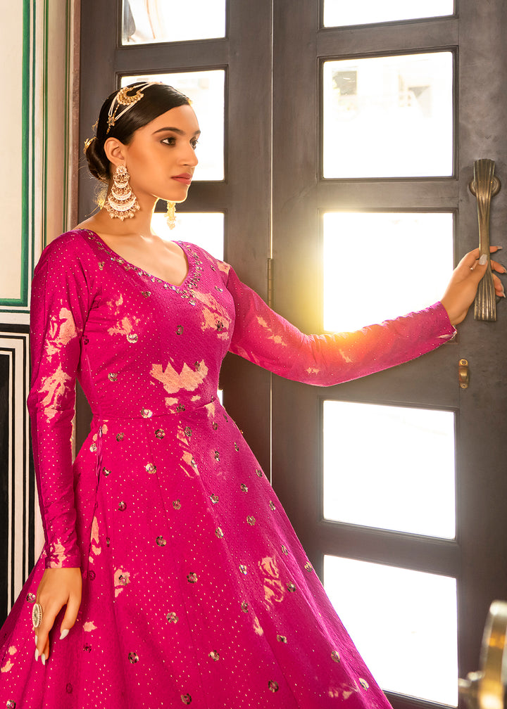 Buy Now Rani Pink Shibori Print Embroidered Floor Length Cotton Gown Online in USA, UK, Australia, New Zealand, Canada & Worldwide at Empress Clothing.