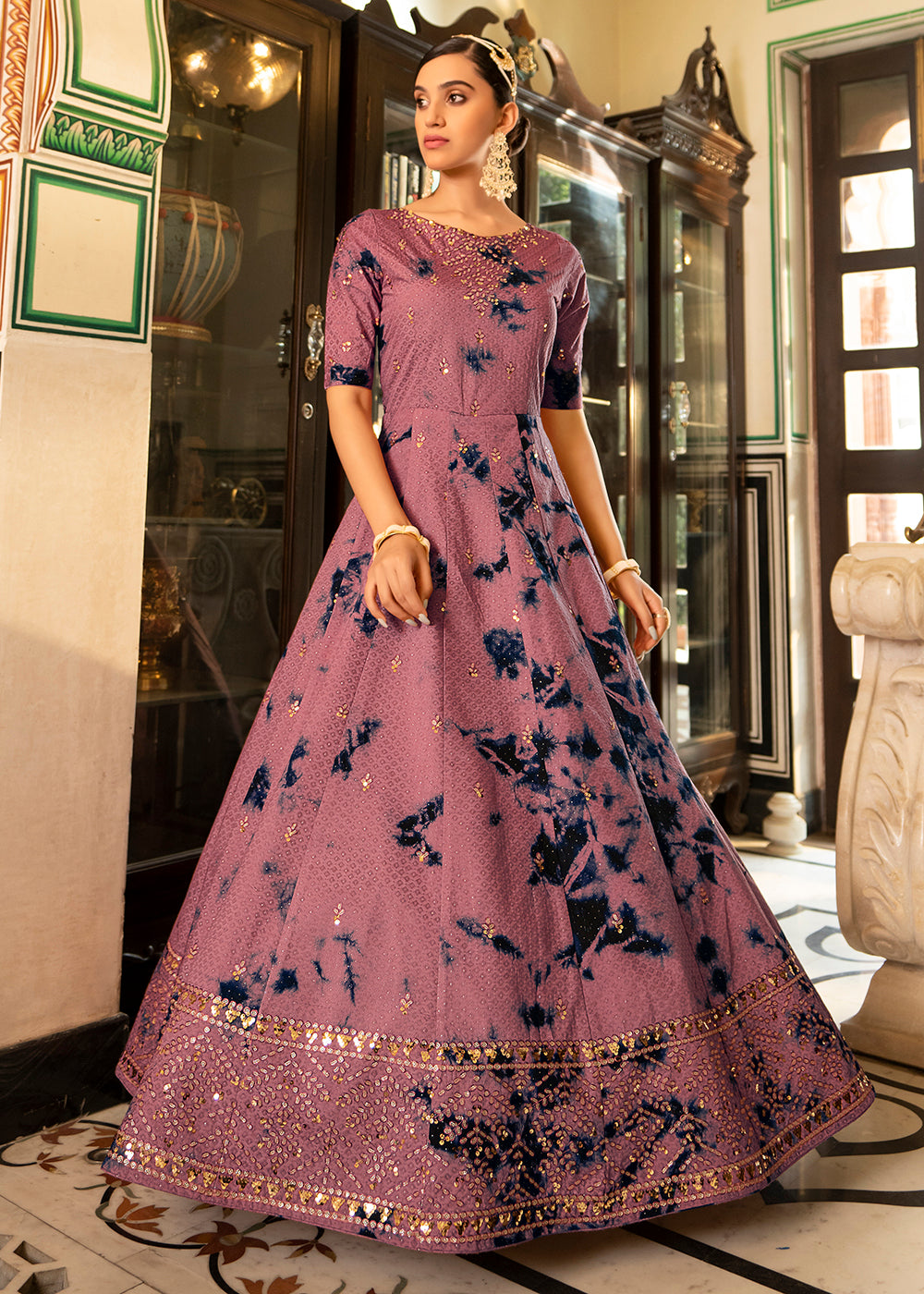 Buy Now Mauve Shibori Print Embroidered Floor Length Cotton Gown Online in USA, UK, Australia, New Zealand, Canada & Worldwide at Empress Clothing.